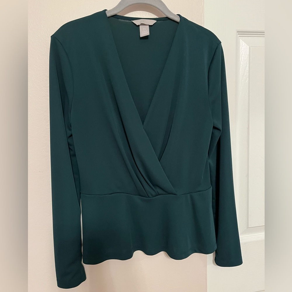 H&M Deep Teal V-Neck Mesh Blouse